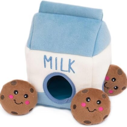 ZippyPaws Burrow- Interactive Dog & Puppy Toys for Boredom, Stimulating Pet Products to Keep them Busy, Hide & Seek Plush Puzzles, Squeaky Toy for Enrichment, For Small & Medium Dogs- Milk and Cookies