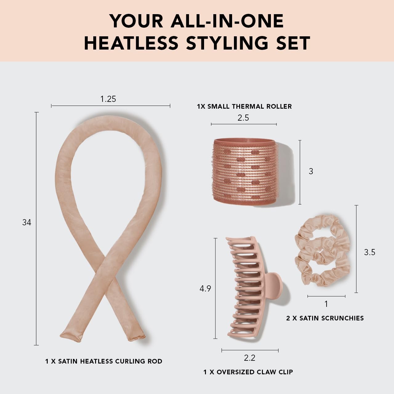 Kitsch Satin Heatless Hair Curler Styling 5pc Gift Set - Satin Heatless Hair Curler w/ 2 Scrunchies, Ceramic Thermal Roller & Claw Clip, Gifts for Women, Hair Roller Styling & Accessories- Champagne - Image 2