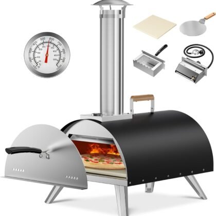 Multi-Fuel Pizza Oven Outdoor, 12" Portable Wood and Gas Fired Pizza Oven with Thermometer,Gas Hose & Pizza Stone,Heats up to 1000°F,Stainless Steel Pizza Oven for Backyard or Camping (Black)