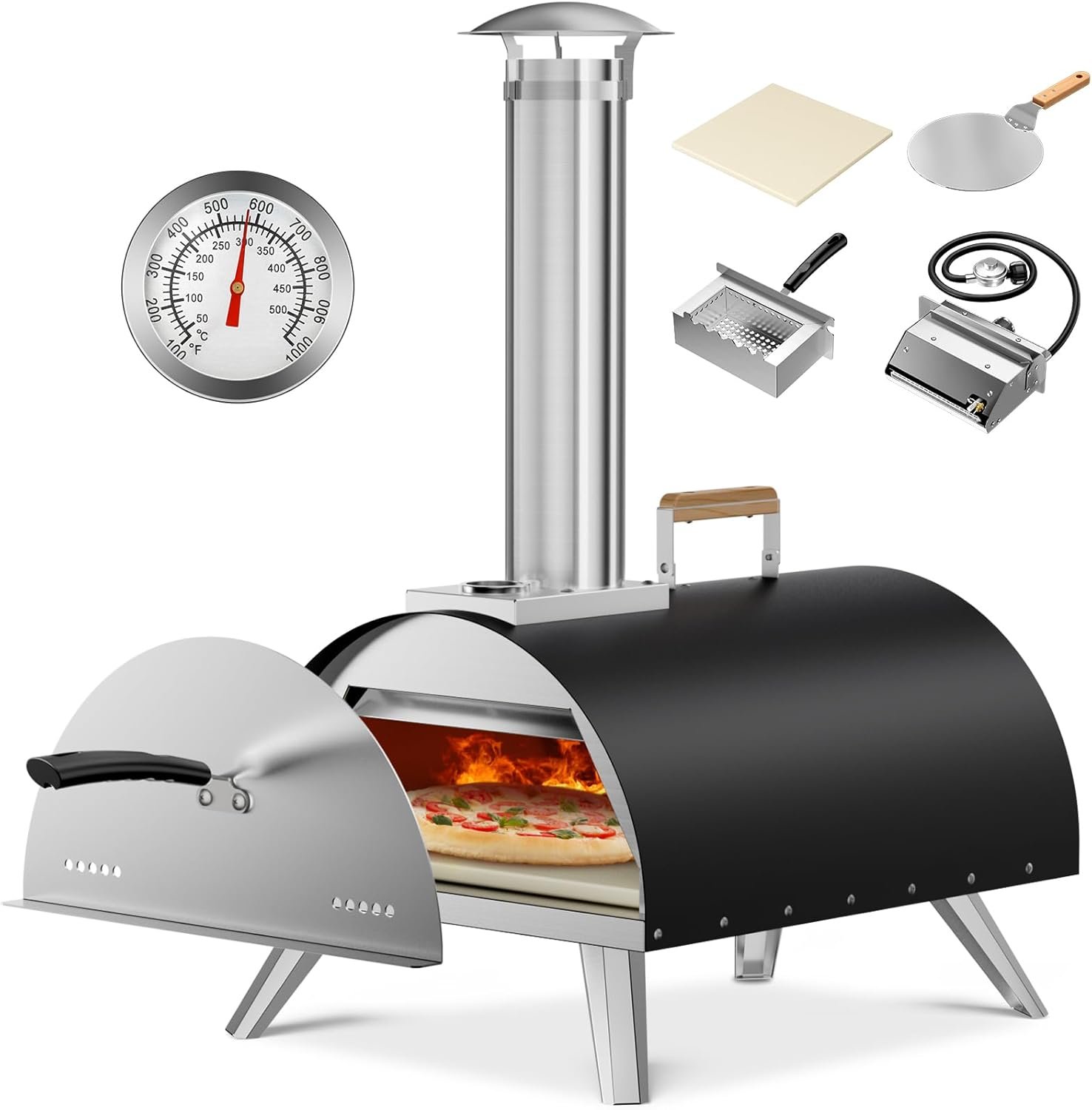 Multi-Fuel Pizza Oven Outdoor, 12" Portable Wood and Gas Fired Pizza Oven with Thermometer,Gas Hose & Pizza Stone,Heats up to 1000°F,Stainless Steel Pizza Oven for Backyard or Camping (Black)