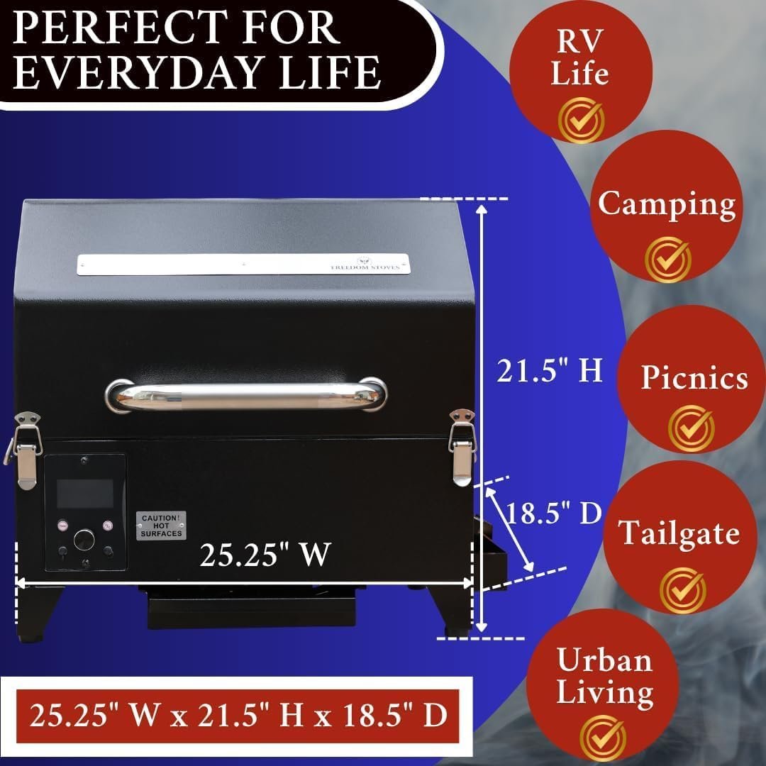 Freedom Stoves Portable Pellet Grill Smoker: Off-Grid BBQ for Camping & Tailgating, Fits Full Racks or Beer Can Chickens, 8.5LB Hopper, Peaked Lid, Dual Probes, 120V & 12V Compatible - Image 10