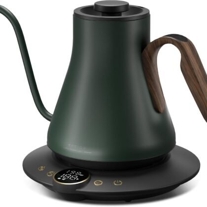 Gooseneck Electric Kettle with ±1℉ Temperature Control for Pour Over Coffee & Tea, Quick Heating, BPA-Free Stainless Steel, Built-in Brew Timer, 1500W/0.9L (Forest Green)