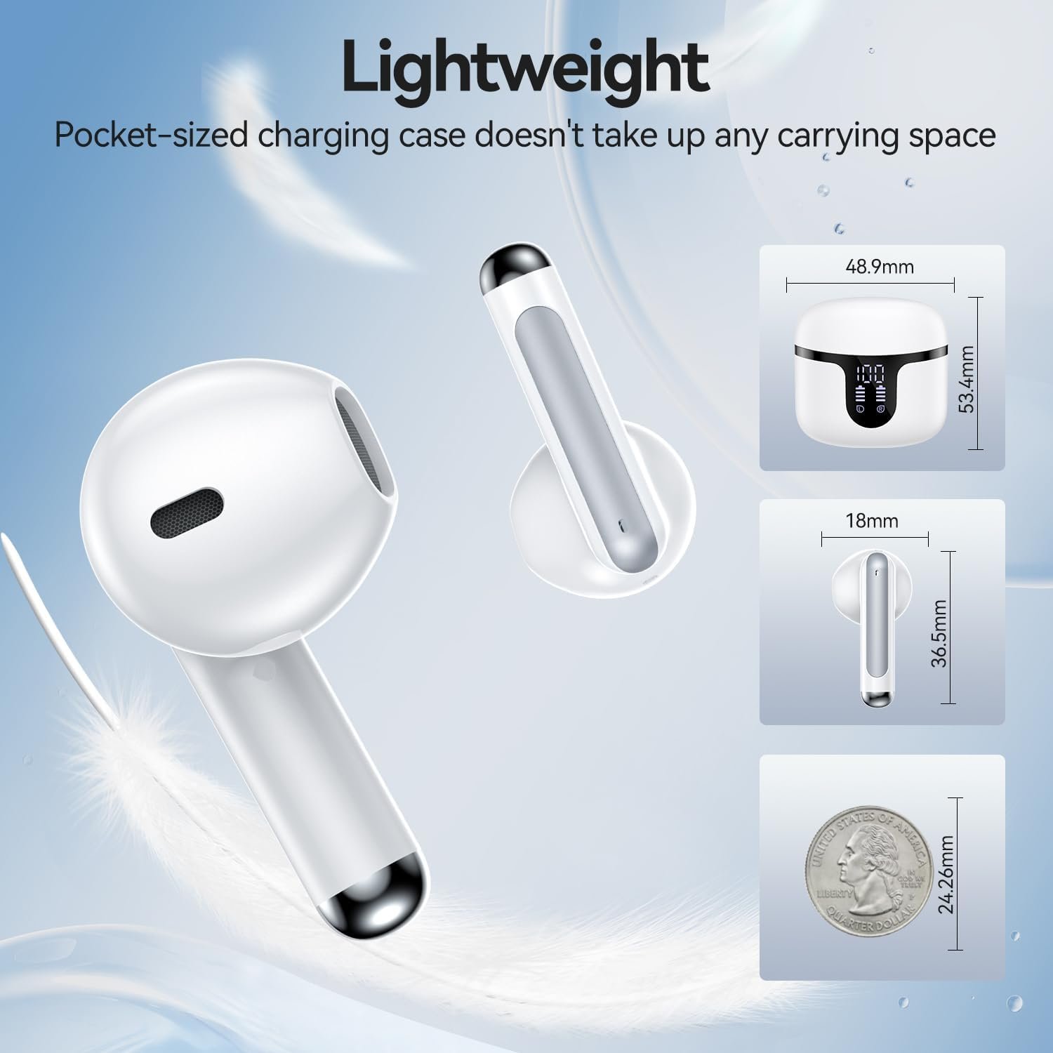 Wireless Earbuds, Bluetooth 5.3 Headphones Deep Bass Stereo Sound with ENC Noise Cancellation Wireless Headphones with 50H Playback and LED Display, IPX7 Waterproof Ear Buds White - Image 6