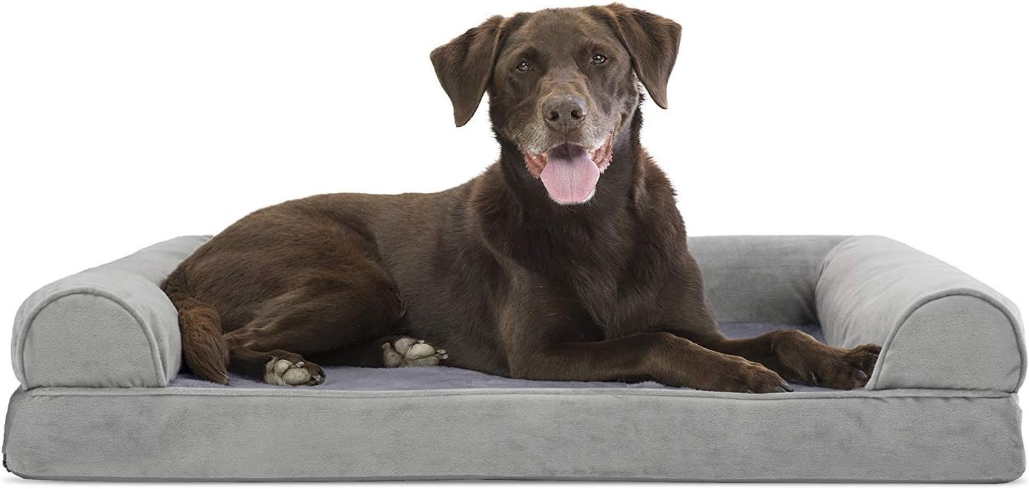 Furhaven Orthopedic Dog Bed for Large/Medium Dogs w/ Removable Bolsters & Washable Cover, For Dogs Up to 55 lbs - Faux Fur & Velvet Sofa - Smoke Gray, Large