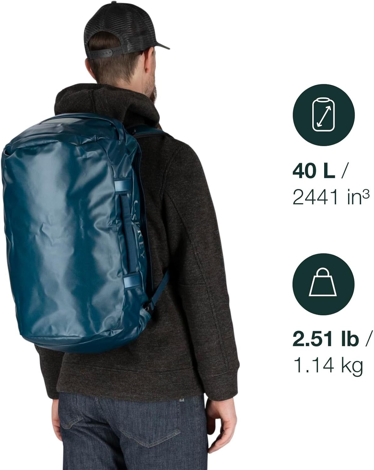 Osprey Transporter 40L Travel Duffel Bag, Black - Image 2