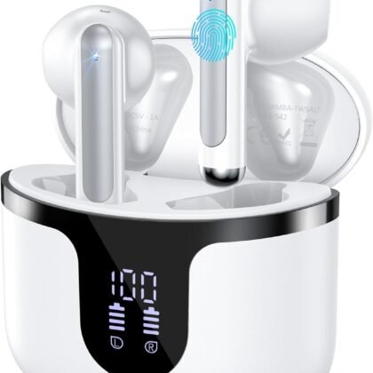 Wireless Earbuds, Bluetooth 5.3 Headphones Deep Bass Stereo Sound with ENC Noise Cancellation Wireless Headphones with 50H Playback and LED Display, IPX7 Waterproof Ear Buds White