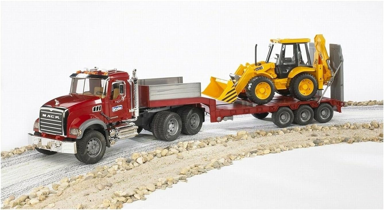 Bruder Toys 02813 Mack Granite Flatbed Truck with JCB Loader Backhoe - Image 2
