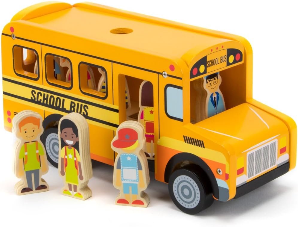 Imagination Generation Back to School Bus Wooden Vehicle Play Set with 8 Character Figures, 7 Students, 1 Bus Driver