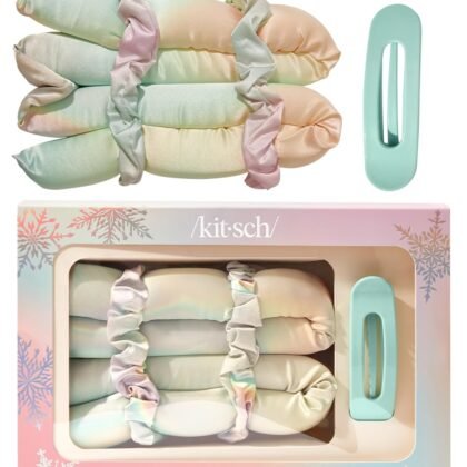 Kitsch Holiday Hair Hero XL Satin Heatless Styling & Flat Lay Claw - Heatless Curls & Waves, Extra Large Curling Rods, Satin Scrunchies & Claw Clip for Hair Protection, Gifts for Women- 4pc set, Aura