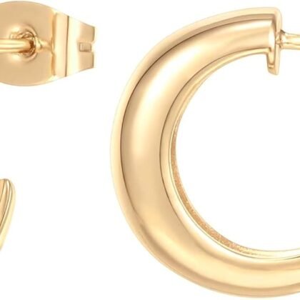 PAVOI 14K Gold Plated Thick Dome Huggie Earrings for Women - 925 Sterling Silver Posts Small Wide Round Hoop Earrings