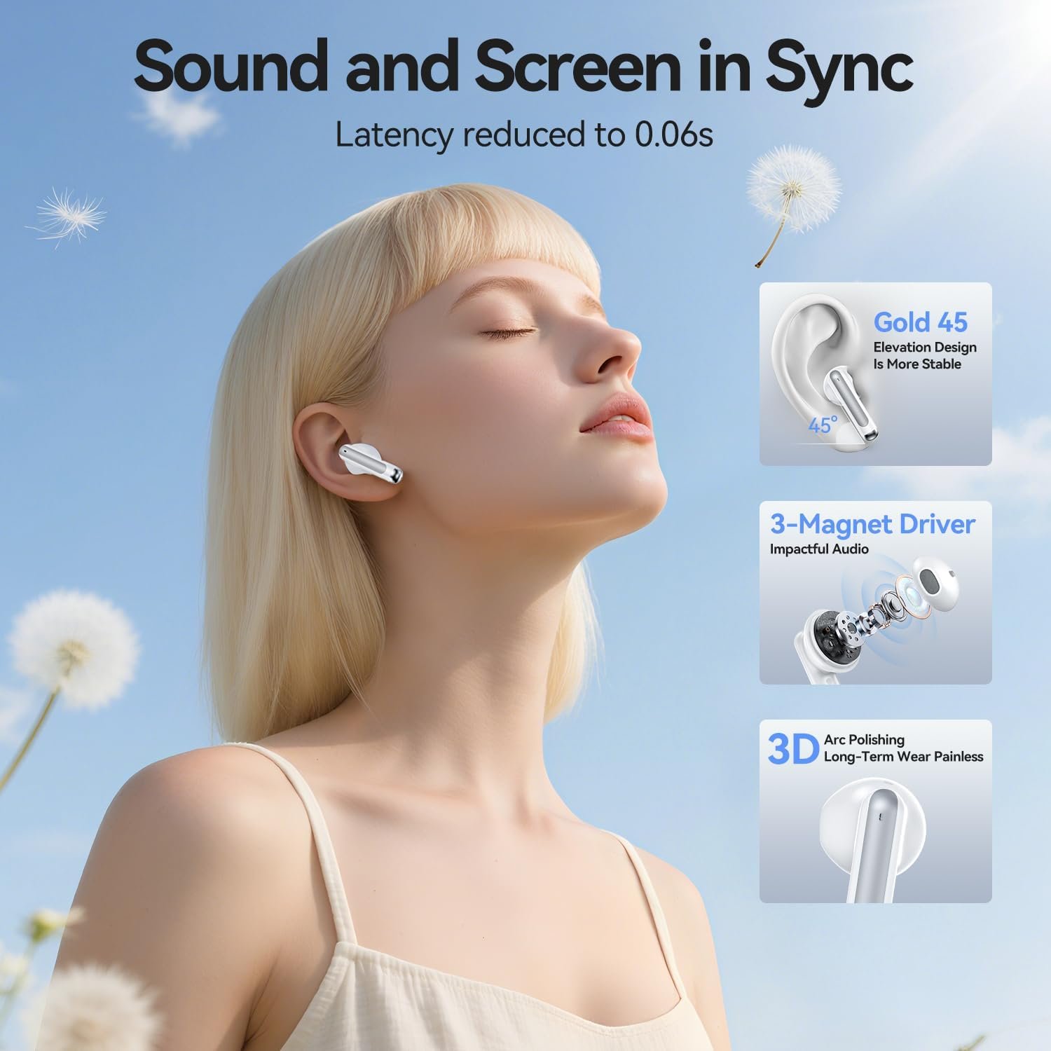 Wireless Earbuds, Bluetooth 5.3 Headphones Deep Bass Stereo Sound with ENC Noise Cancellation Wireless Headphones with 50H Playback and LED Display, IPX7 Waterproof Ear Buds White - Image 3