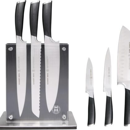 Schmidt Brothers - Heritage 7-Piece Kitcken Knife Set, High-Carbon German Stainless Steel Cutlery, and Clear Acrylic Magnetic Block Set