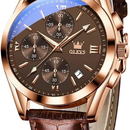 OLEVS Men's Casual Leather Watch, Big Face Chronograph Watch for Men, Fashion Easy to Read Dress Watch, Men's Waterproof Luminous Date Analog Watch, Gold/Black/White/Blue Dial