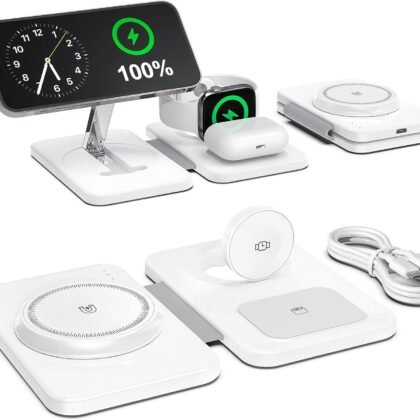 3 in 1 Magnetic Wireless Charger for Apple Multiple Devices, Foldable Fast Charging Station - Magsafe Charger Stand, Travel Charger Pad for iPhone 17 16 15 14 13 12 Series/Apple Watch/AirPods Pro