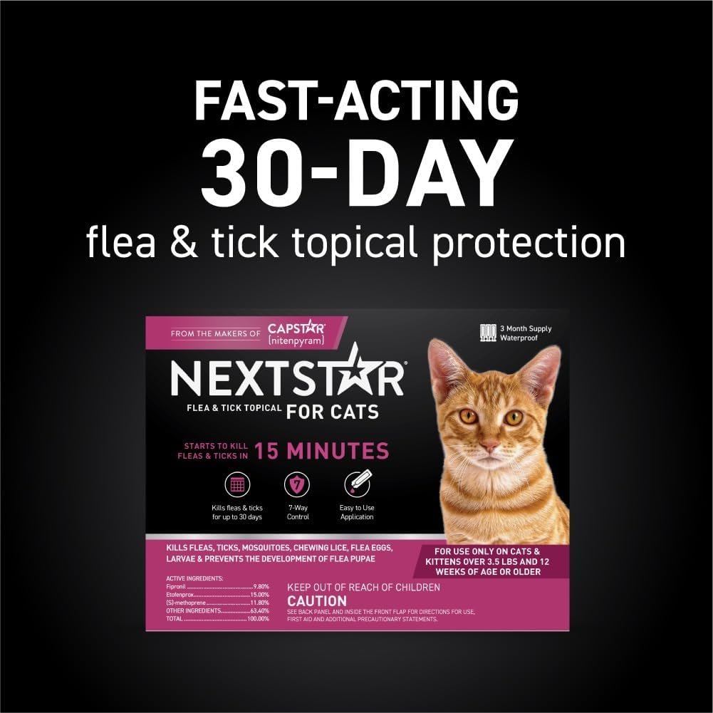 NEXTSTAR Flea and Tick Prevention for Cats, Repellent, Treatment, and Control, Fast Acting Waterproof Topical Drops for Cats Over 3.5 lbs, 3 Month Dose - Image 2