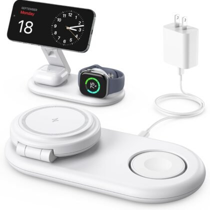 3 in 1 Charging Station for Apple Compatible with MagSafe Charger Stand,Foldable Fast Magnetic Travel Wireless Charger Dock for iPhone 17/16/15/14/13 Series,for Apple Watch,for AirPods (White)