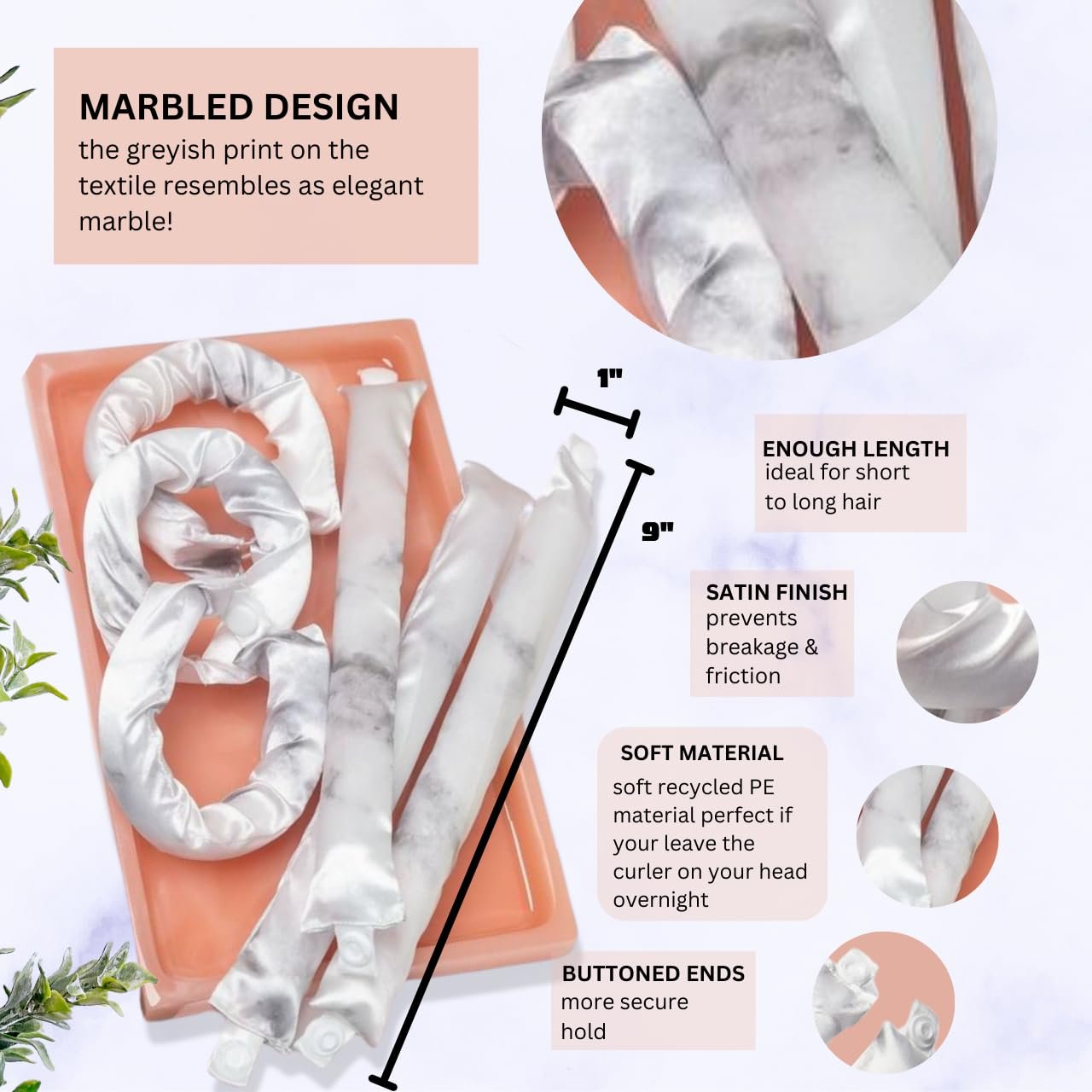 Kitsch Satin Pillow Rollers -Heatless Hair Curler, Hair Rollers, Heatless Curls Overnight, Flexible Curling Rods for Long &Short Hairs, Flexi Rod Curlers to Sleep in, Overnight Blowout Rods-6pc Marble - Image 2