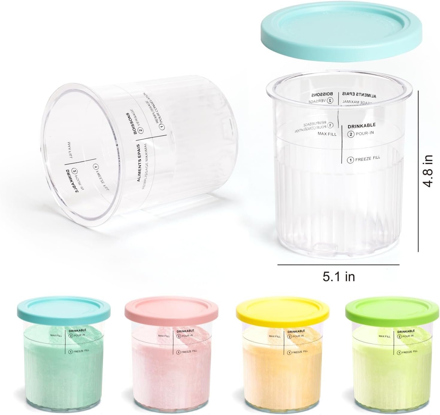 4 Pack Ninja Creami Deluxe Pints & Lids, 24oz Family Size XL Cups for Ninja Creami 11-in-1 NC501 NC500 Series Deluxe Ice Cream Maker - Image 2