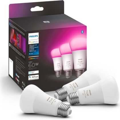 Philips Hue A19 LED Smart Light Bulb - White and Color Ambiance - 60W Indoor Light Bulb - Control with Hue App - Compatible with Alexa, Google Assistant and Apple Homekit - 3 Pack