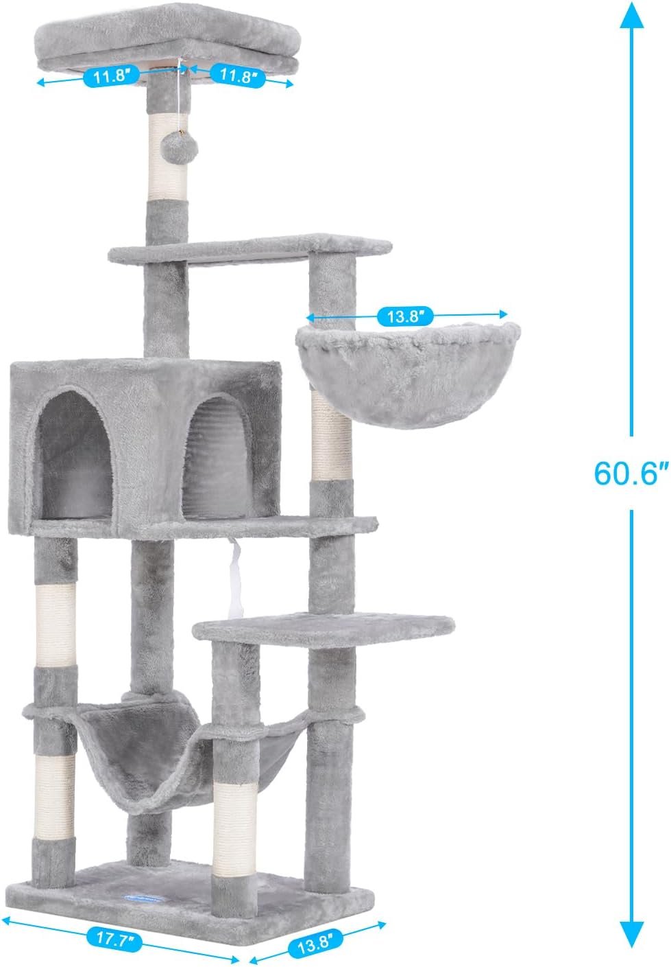Hey-brother Cat Tree with Large Hammock, Multi-Level Cat Tower for Indoor Cats, Cat Condo with Sisal-Covered Scratching Posts and Top Perch, Light Gray MPJ050W - Image 3
