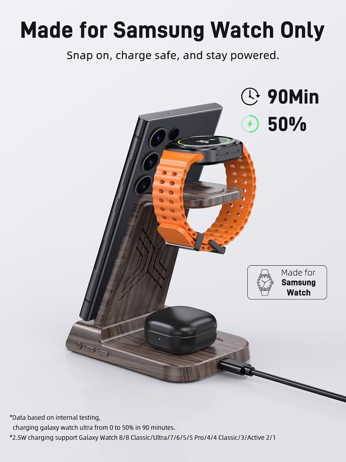 Wireless Charger for Samsung Charging Station, 3 in 1 Android Phone Charger for Galaxy S25 Ultra/S24 Ultra/S23/Flip7, Galaxy Watch 8/8 Classic/Ultra/7/6/5, Galaxy Buds 3 Pro/3 - Image 3