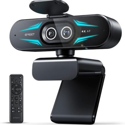 EMEET C60E Dual-Camera 4K Webcam for Streaming, Wide-Angle and Telephoto Cameras, Max 11X Hybrid Zoom & PDAF Autofocus, Remote Control, RGB Lighting, 2 Mics, Ideal for Livestreaming and Online Meeting