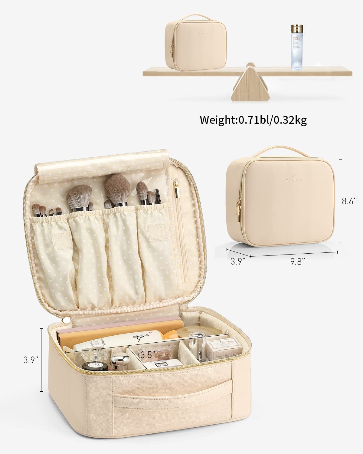 Vlando Travel Makeup Bag, Makeup Bag Organizer,Gift Ideas for Women Girls,Makeup Storgae Bag with Dividers and Handle,Gifts for Christmas,Birthday,Wedding Beige - Image 4