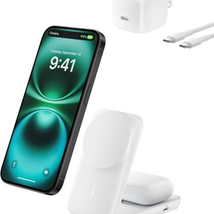 Belkin MagSafe Charger Compatible, 2-in-1 Charging Station, Qi2.2 25W Magnetic Wireless Charger Dock, Foldable Stand, with 5W USB-C Port, for iPhone 17/16/15, Pixel 10, AirPods (45W Adapter Included)