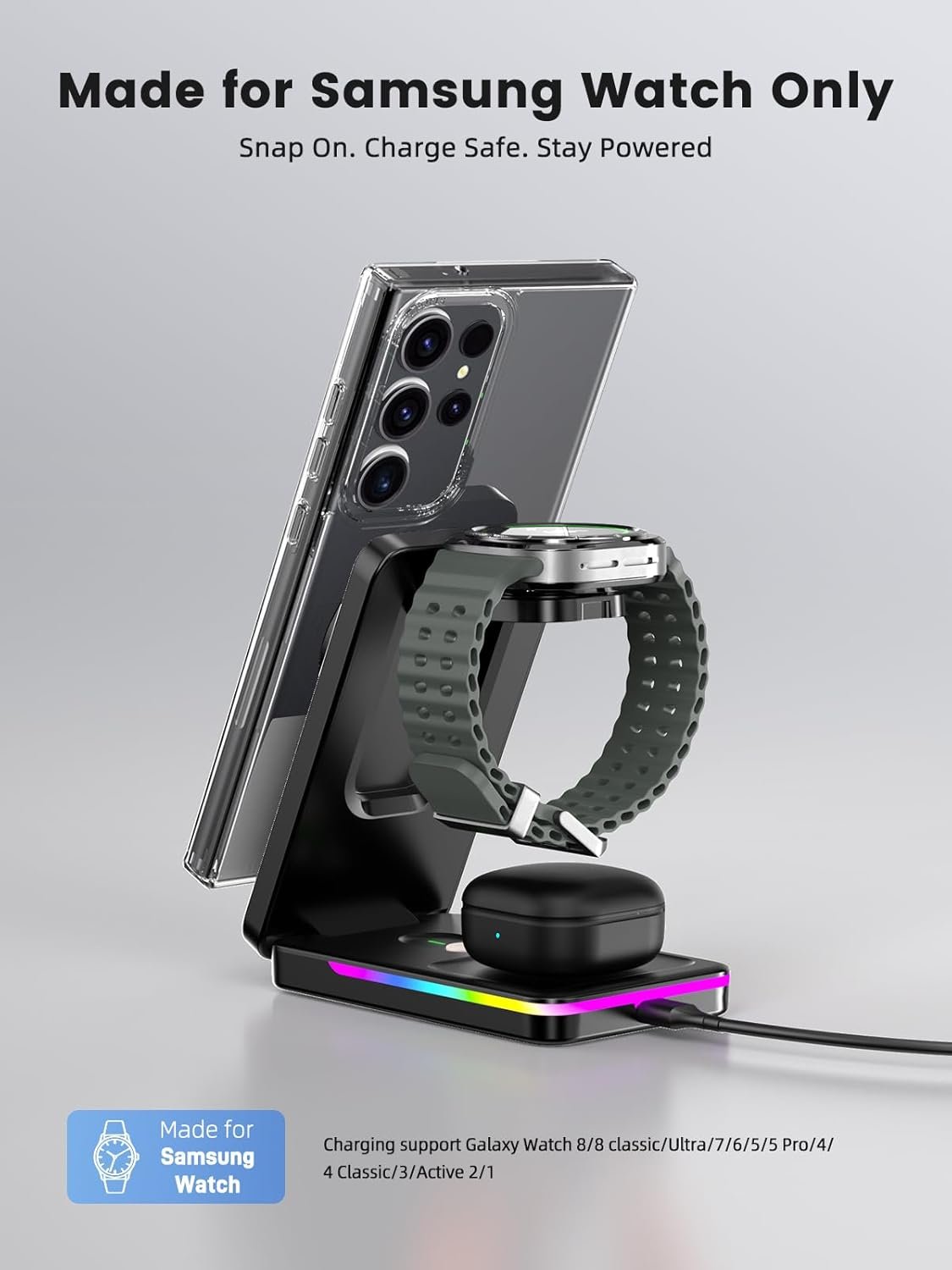 3 in 1 Magnetic Wireless Charger for Samsung, Foldable MagSafe Wireless Charging Station for Samsung Galaxy S25 Ultra/Z Fold7/Flip7/S24, Watch Charger for Galaxy Watch Ultra/8/7/Buds (for Travel) - Image 2