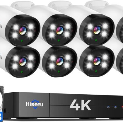 Hiseeu 4K Wired Security Camera System with Audio,Smart Color Night Vision,3TB Hard Drive,AI Human/Vehicle Detection,8PCS 8MP IP67 Weatherproof Home CCTV Cameras,Indoor/Outdoor Surveillance DVR Kit