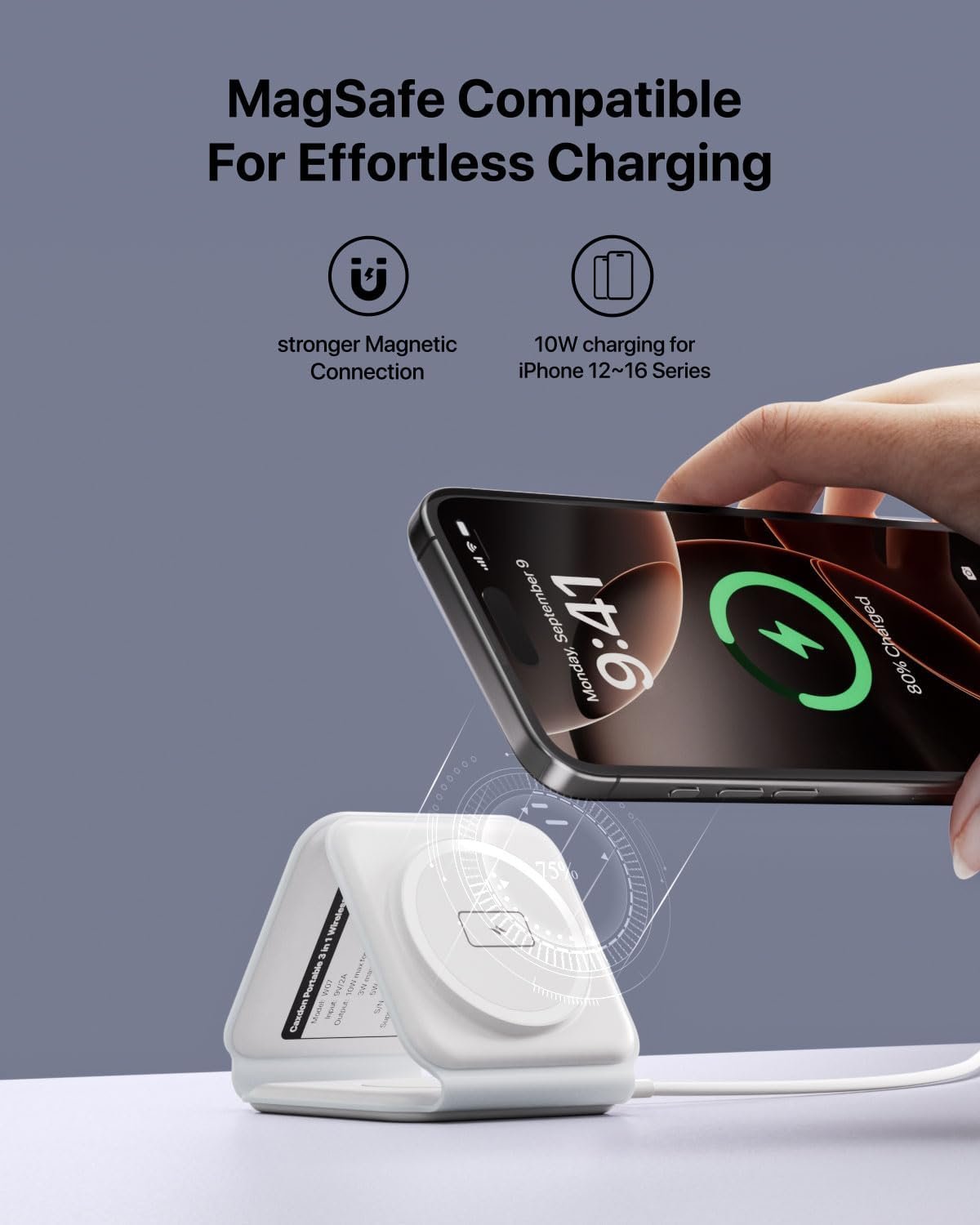3-in-1-Wireless-Charger-for-Magsafe-for iPhone 16, Apple Watch S10, AirPods 4, Foldable-Travel-Charging-Station with Evolved Pro Magnetic Pad, Portable Essentials (White) - Image 3