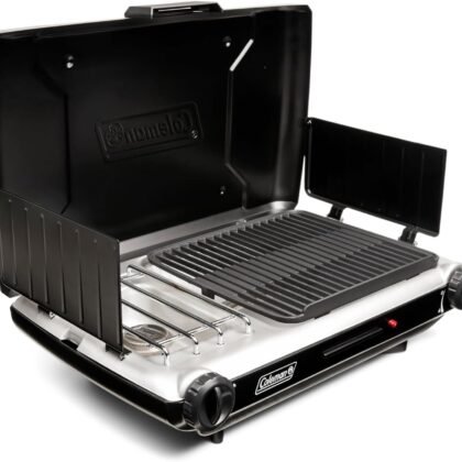 Coleman Tabletop 2-in-1 Grill & Stove with 2 Adjustable Burners, Propane Grill/Stove with Push-Button Starter, Wind Guards, Grease Tray, & 20,000 BTUs of Power for Camping, Tailgating, & More