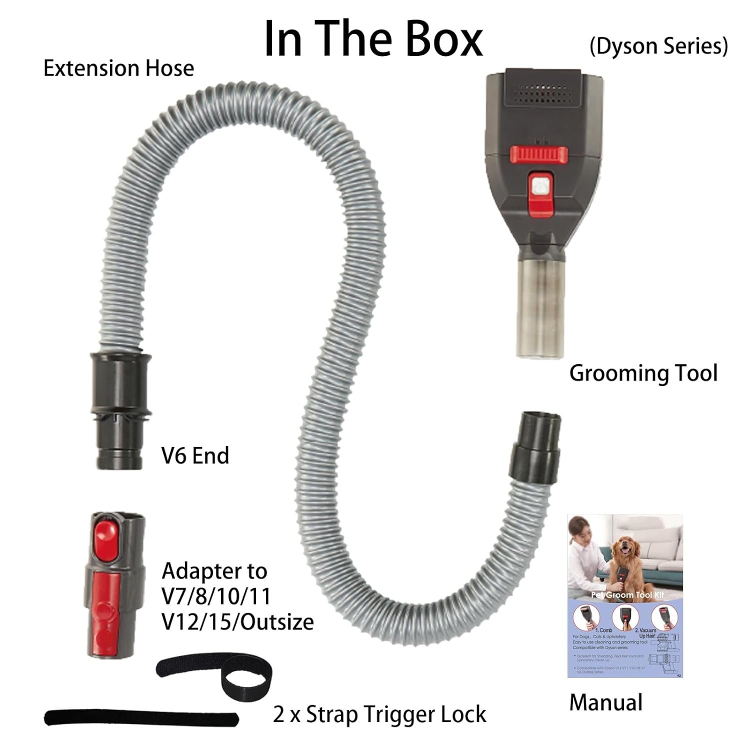 Dog Hair Vacuum Attachment for Dyson Cordless Upright Canister, Groom Tool Pet Shedding Brush for V6 V7 V8 V10 V11 V12 V15 DC40-DC65 UP13-UP30 Animal, Grooming Kit with Extension Hose Adapter - Image 9