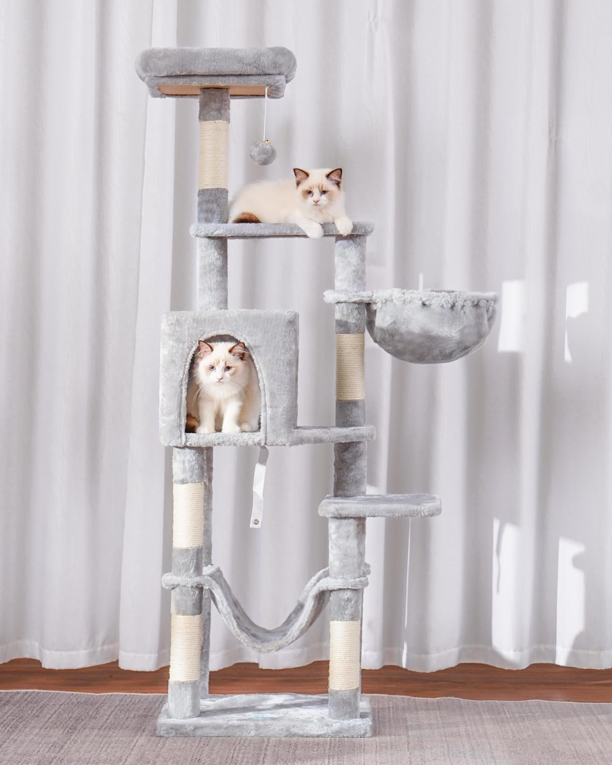 Hey-brother Cat Tree with Large Hammock, Multi-Level Cat Tower for Indoor Cats, Cat Condo with Sisal-Covered Scratching Posts and Top Perch, Light Gray MPJ050W - Image 6