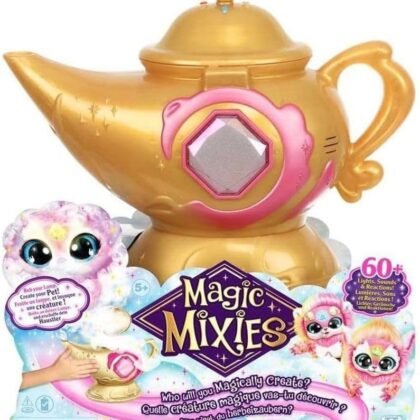 Magic Mixies Magic Genie Lamp with Interactive 8" Pink Plush Toy and 60+ Sounds & Reactions. Unlock a Magic Ring and Reveal a Pink Genie from The Real Misting Lamp. Gifts for Kids, Ages 5+