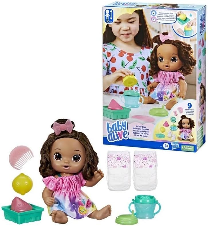 Baby Alive Fruity Sips Doll, Lemon, Toys for 3 Year Old Girls, 12-inch Baby Doll Set, Drinks & Wets, Pretend Juicer, Kids 3 and Up, Brown Hair - Image 3