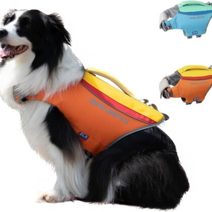 ZLX Dog Life Jacket, High Buoyancy Dog Life Vest with Secure Handle, Ripstop Lifejacket for Swimming, Boating, Water Safety, Adjustable Lightweight Floating Pet Preserver, Medium, Orange