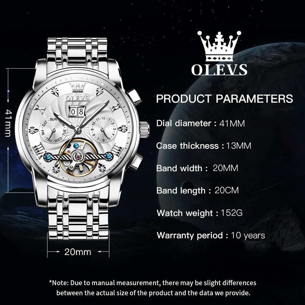 OLEVS Mens Automatic Watches Self Winding Mechanical Skeleton Tourbillon Luxury Diamond Business Dress Date Wrist Watches for Men Waterproof Luminous - Image 6