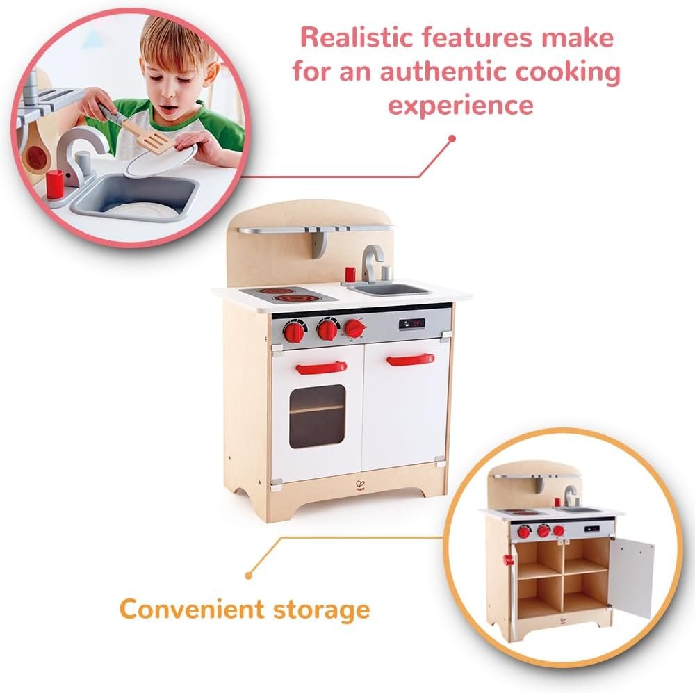 Hape Gourmet Kitchen Toy Fully Equipped Wooden Pretend Play Kitchen Set with Sink, Stove, Baking Oven, Cabinet, Turnable Knobs & Spice Shelf, Red - Image 3