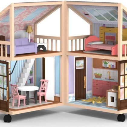 KidKraft So Darling Wooden Dollhouse on Wheels, Open & Close with 29 Accessories