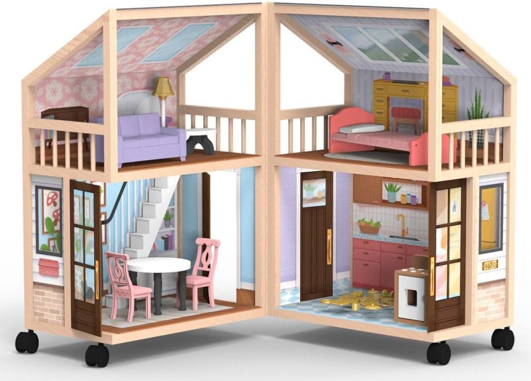 KidKraft So Darling Wooden Dollhouse on Wheels, Open & Close with 29 Accessories