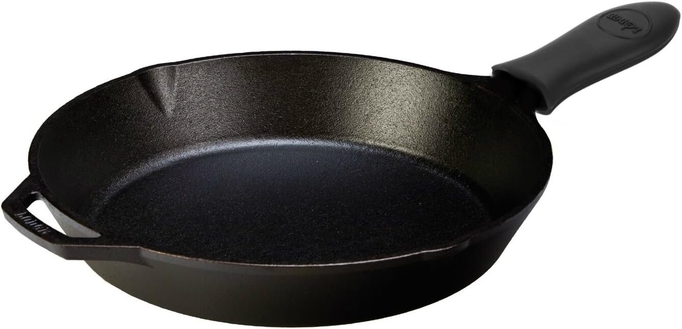 Lodge Seasoned Cast Iron Skillet with Hot - 12 inch Frying Pan with Silicone Hot Handle Holder (Black)
