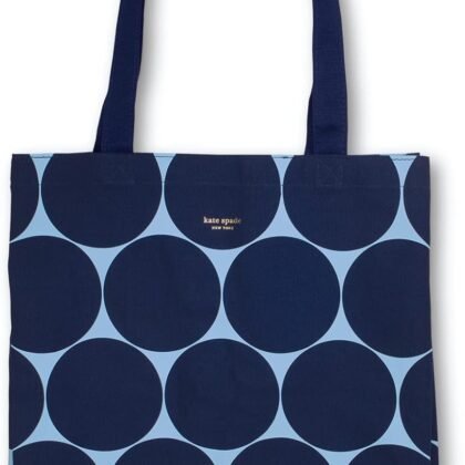 kate spade new york Canvas Tote Bag for Women, Cute Tote Bag for Teacher, Blue Canvas Beach Bag, Book Tote with Pocket, Joy Dot