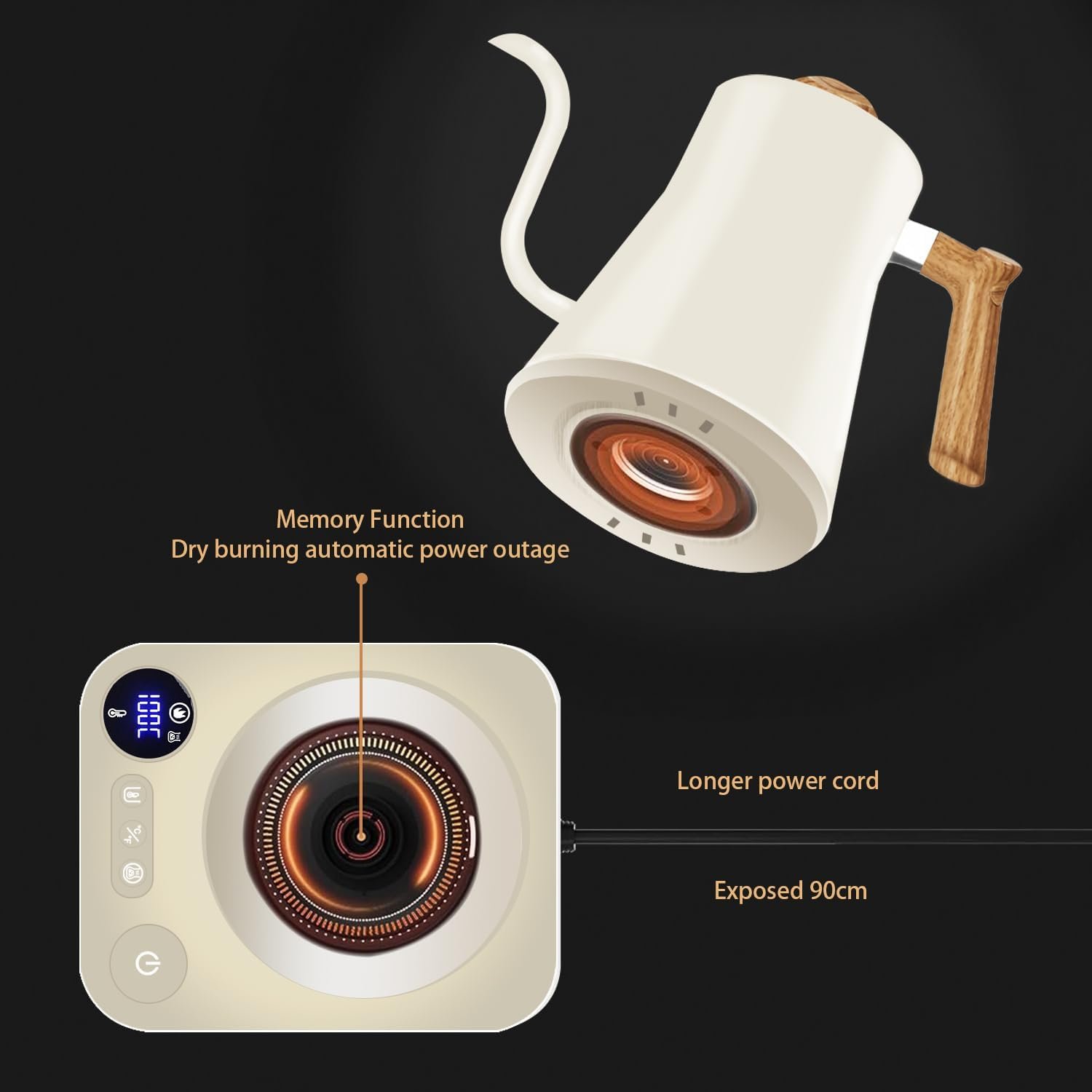 Electric Kettles, Gooseneck Electric Kettle, ±1℉ Temperature Control, Stainless Steel Inner, Quick Heating, for Pour Over Coffee, Brew Tea, Boil Hot Water, 0.9L (White) - Image 7