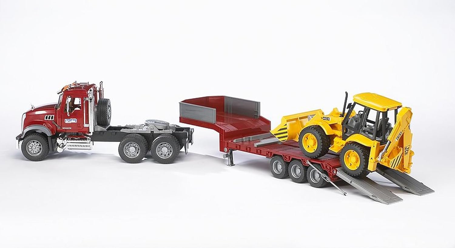 Bruder Toys 02813 Mack Granite Flatbed Truck with JCB Loader Backhoe - Image 4