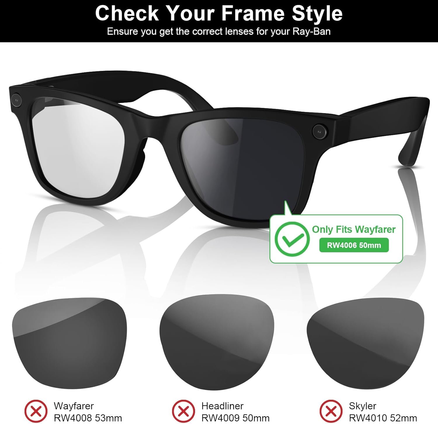 Replacement Lenses Compatible with Ray-Ban Meta Wayfarer RW4006 (50MM) Smart Glasses - Image 2