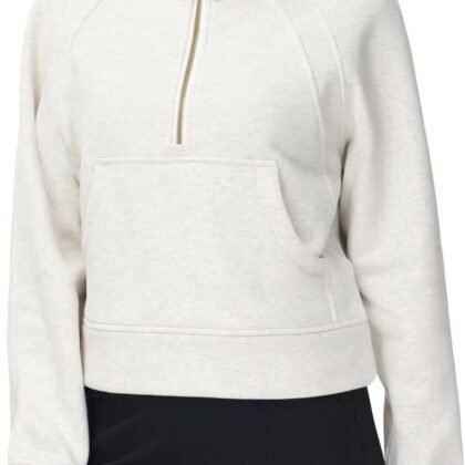 THE GYM PEOPLE Womens' Half Zip Pullover Fleece Stand Collar Crop Sweatshirt with Pockets Thumb Hole