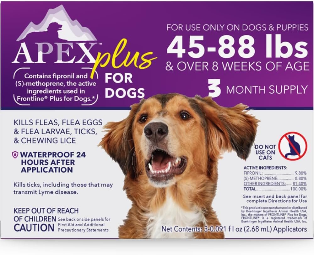Apex Plus Flea and Tick Prevention for Dogs | Large (45-88 lbs) | 3-Month Supply | Dog Flea and Tick Treatment | 24-Hour Activation, Waterproof, 30-Day Protection
