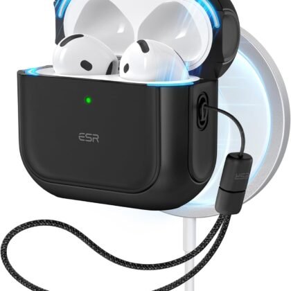 ESR for AirPods 4 Case, Compatible with AirPods 4th Generation Case (2024) (USB-C), Compatible with MagSafe, Drop Protection Cover with Lanyard, Magnetic Lid Lock, Orbit Hybrid Series, Black