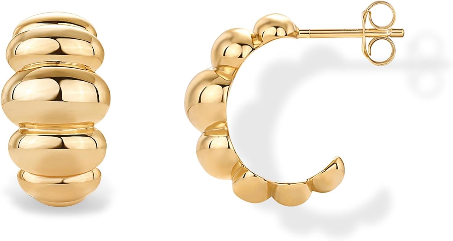 PAVOI 14K Gold Plated Ribbed Hoop Earrings for Women - Chunky Ridge Statement Earrings - Boho Puffy Croissant Huggie Hoops Trendy Gold Jewelry